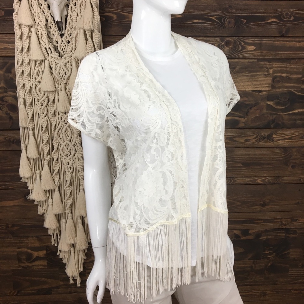 Swoon | Crochet Mesh Lace Fringe Kimono Cardigan‎ Cream